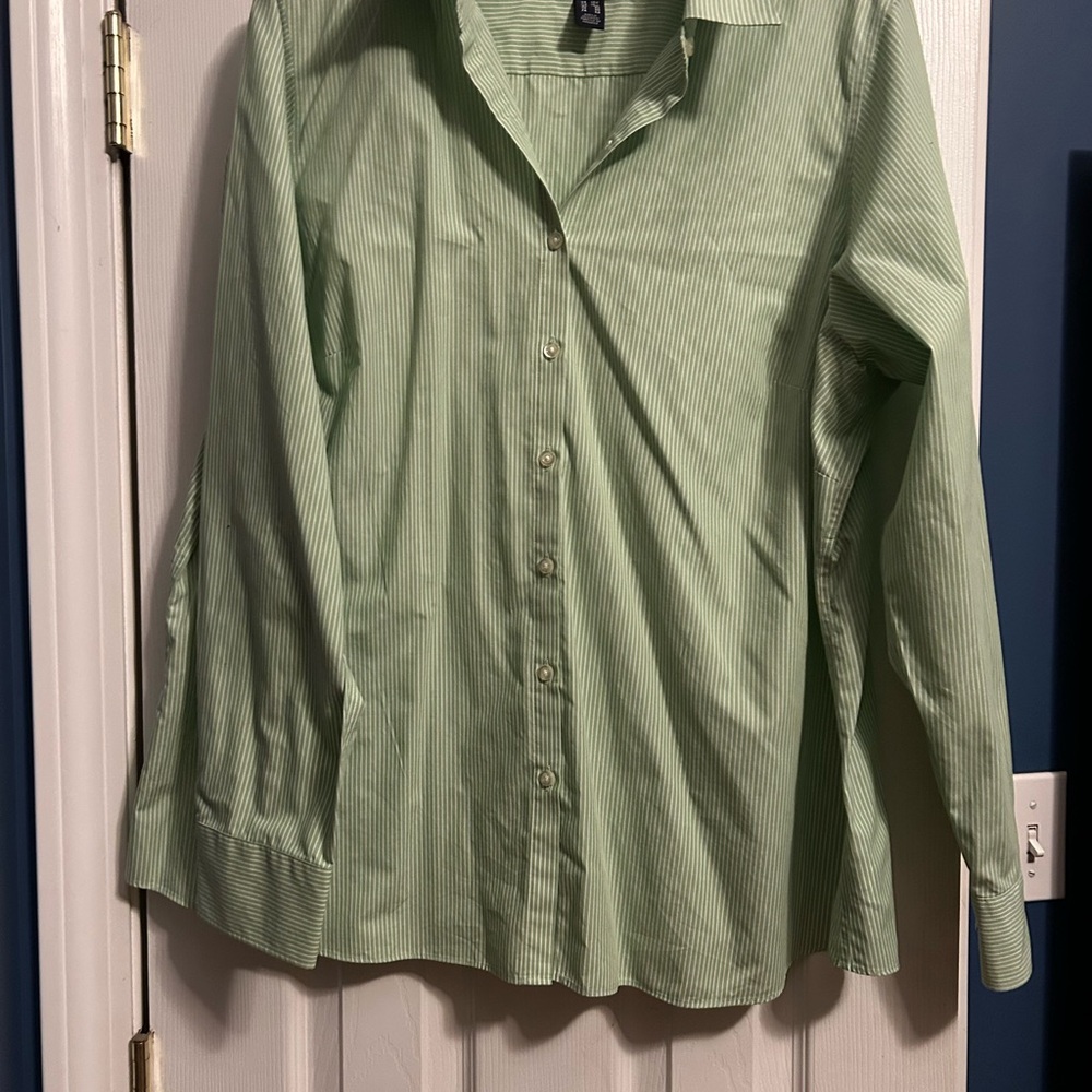 18W Lands End Wrinkle-free,  broadcloth, Green Striped women’s Shirt